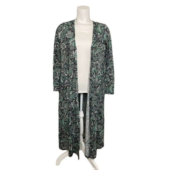LuLaRoe Sarah Gray Green Paisley Linen Blend Long Cardigan Duster Small - Picture 1 of 5